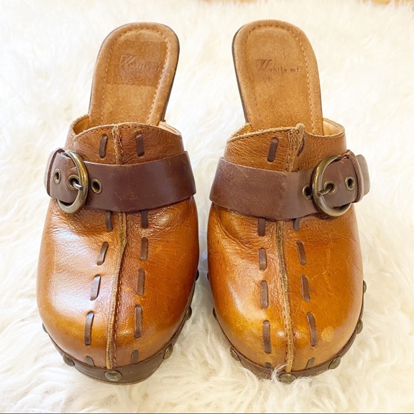 Mules heels 70s heel leather shoe nail head buckle - Picture 2 of 7